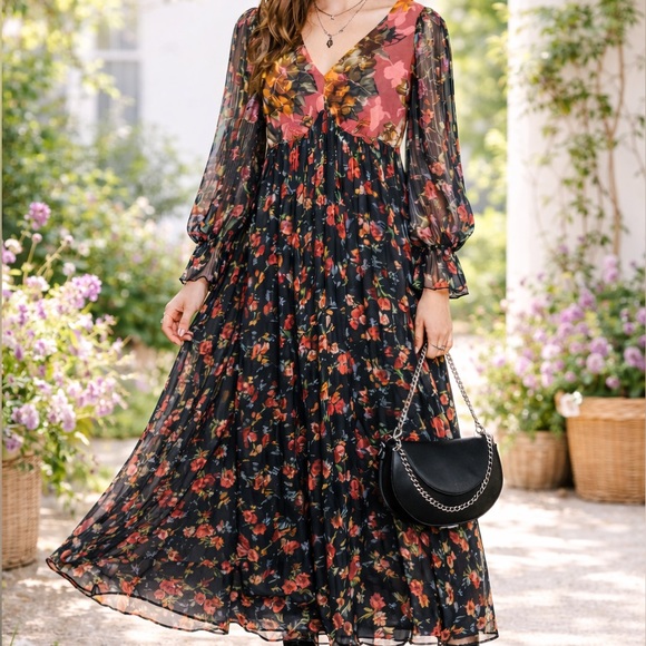 None Dresses & Skirts - Whimsigoth Sheer Floral Long Sleeve Midi Dress Romantic Garden Style
